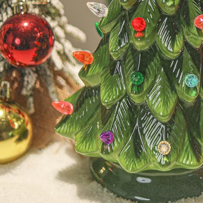 Ceramic Christmas Tree 12 Inch Tabletop Christmas Tree Vintage Christmas Decoration Battery Operated Mini Green Xmas Trees with Multicolored Lights