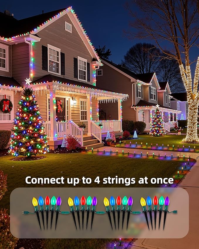 C9 Christmas Lights Outdoor, 2 Packs Total 51.4 Ft Christmas Pathway Lights with 40 LED Bulbs and Stakes, Outdoor Decorations Yard Walkway Sidewalk Holiday, Multicolor