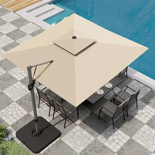 PHI VILLA Cantilever Patio Umbrella with Base, Outdoor 10ft Large Square Umbrellas with 360°Rotation, Heavy Duty Hydraulic Double Umbrella Windproof for Outside, Pool, Deck, Garden, Porch, Beige