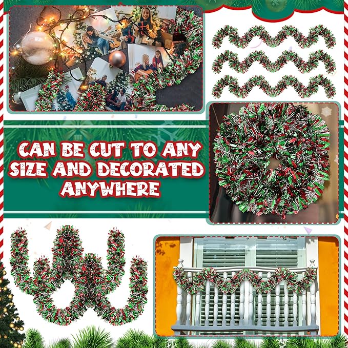 177 Feet Christmas Tinsel Garland Metallic Shiny Hanging Christmas Tree Tinsel Garland Ornaments for Indoor Outdoor Party Wedding Holiday(Red Green Silver)