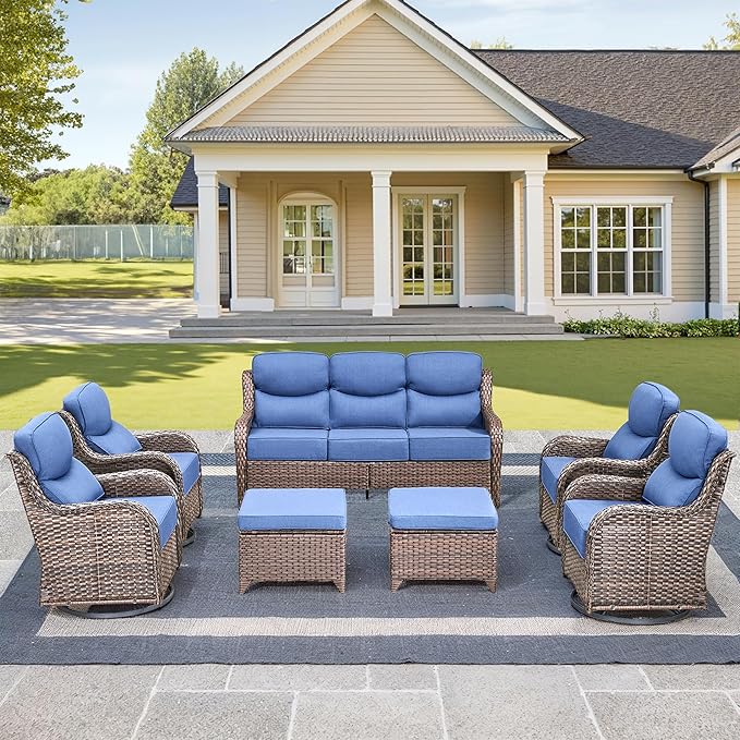 Luxury High Back Outdoor Furniture with 6-Inch Thick Cushions, Patio Furniture Set with Swivel Chairs, 7 PCS Wicker Conversation Set for Porch, Balcony, Deck and Yard