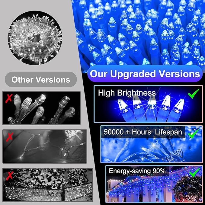 612 LED String lights Indoor Outdoor, 60ft Christmas Window Lights with 136 Drops 12 Modes, Dimmable Curtain Lights, Fairy Lights for Bedroom Holiday Wedding Party Home Xmas Decorations, Blue