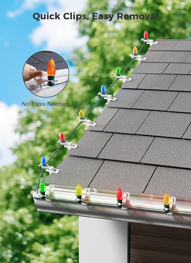 C7 C9 Christmas Lights Clips, 50 Count Holiday Lights Quick Spring Clips, Shatterproof Shingle and Gutter Clips for E12, E17 Socket, Rope Lights Roofline Fence Railing Mantel Christmas Trees, White