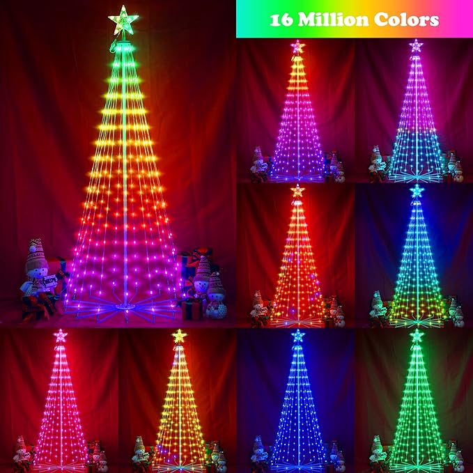 6FT Lighted Outdoor Christmas Tree, 265 LED Smart Cone Tree, Music Sync RGB Fairy Lights, LED Light Show, APP and Remote Control, Timer Function, Perfect for Outdoor Christmas Decorations