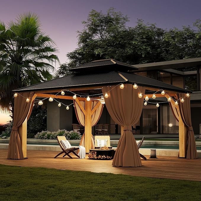 13‘x15’ Outdoor Wood Gazebo, Wooden Pavilion with Double Galvanized Steel Roof, Hardtop Gazebo with Natural Wood Frame, Curtains & Netting for Patio, Garden, Lawn, Deck, Backyard (13'x15')