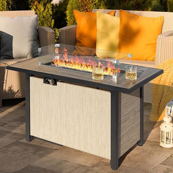 Nuu Garden 43 Inch Propane Fire Pit Table CSA Listed 50000 BTU Gas Fire Pit with Lid Glass Wind Guard and Fire Glass Beads 2 in 1 Rectangular Outdoor Fire Table for Patio Backyard Light Brown