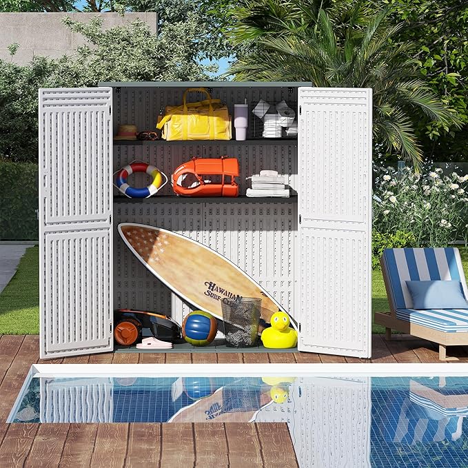 Vertical Resin Storage Shed, 60 Cuft Garden Tool Sheds & Outdoor Storage, Plastic Outdoor Storage Cabinet Waterproof, 4.5 x 2.3 ft Backyard Outside Lawn Mower Storage Shed, White