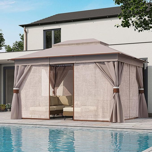 LAUSAINT HOME Semi-Permanent Patio Gazebo 10'x13' with Expansion Bolts, Outdoor Heavy Duty Party Tent & Shelter with Double Roofs, Mosquito Nettings and Privacy Screens for Backyard, Garden, Lawn