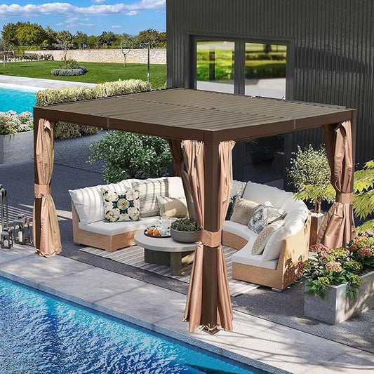 Louvered Pergola 10 x 12 FT, Aluminum Outdoor Pergola with Independent Adjustable Rainproof Top, Built-in Gutter System, Hardtop Patio Metal Pergolas for Deck Garden Backyard -Brown