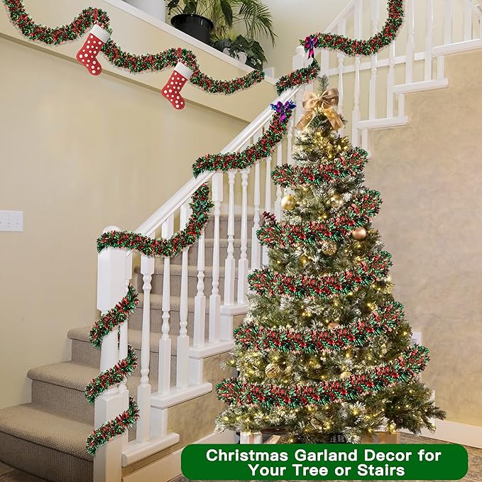 50FT Red Green Christmas Tinsel Garland Metallic Twist Shiny Garland for Xmas Tree Decorations, Xmas Holiday Hanging Decor for Home Mantle Stair Indoor Outdoor Christmas Party Supplies Decor
