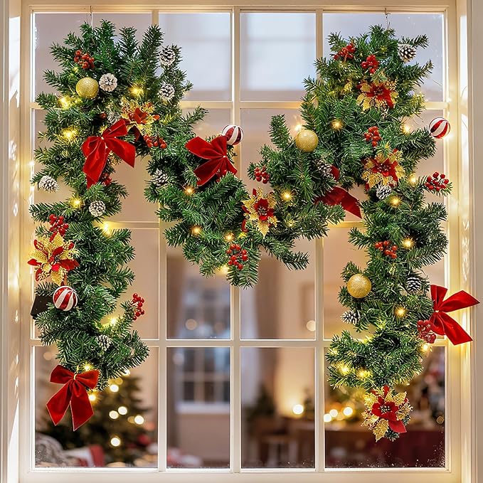 9 FT Pre-Lit Christmas Garland with 50 LED Lights Red Bows Flowers, Indoor Outdoor Lighted Garland for Stairs, Mantle, Door, Fireplace, Banister, Staircase, Holiday Christmas Decor, Battery Operated
