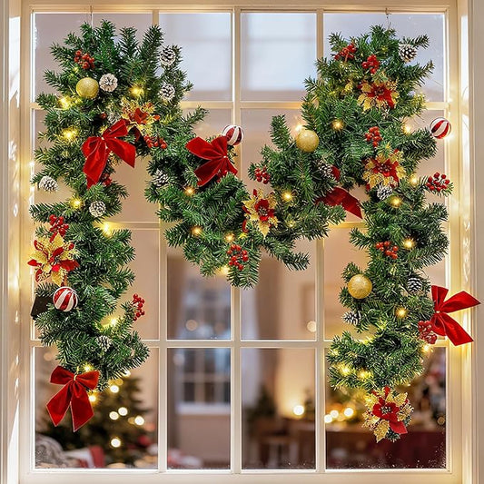 9 FT Pre-Lit Christmas Garland with 50 LED Lights Red Bows Flowers, Indoor Outdoor Lighted Garland for Stairs, Mantle, Door, Fireplace, Banister, Staircase, Holiday Christmas Decor, Battery Operated