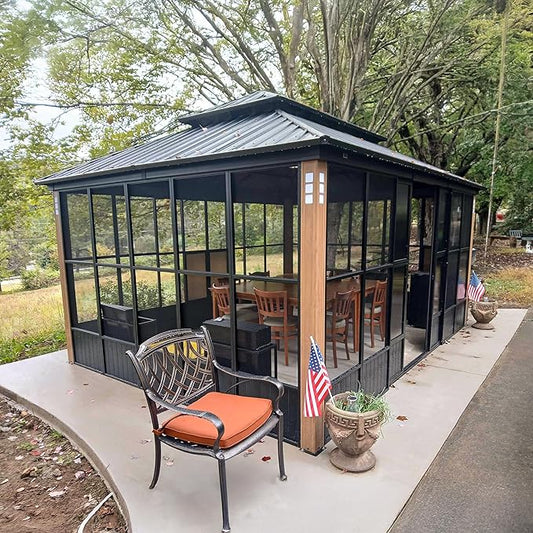 PURPLE LEAF 12' X 16' Sunroom Patio Hardtop Gazebo Double Top Galvanized Steel Screen House Aluminum Sun Room Outdoor Solarium for Garden Backyard