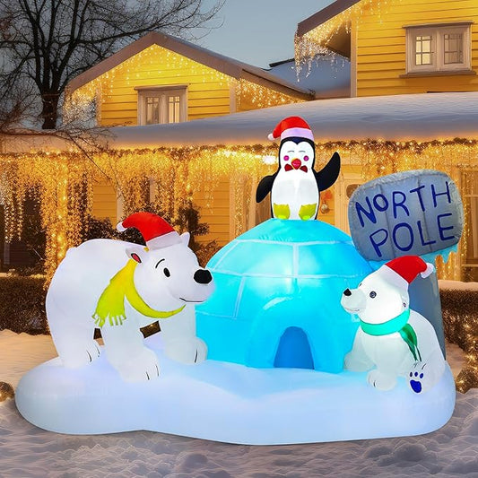 Joiedomi 6 FT Long Christmas Inflatable North Pole with Build-in LEDs, Blow Up Inflatable Polar Bears & Penguin for Xmas Party Indoor, Outdoor, Yard, Garden, Lawn Décor, Holiday Season Decorations
