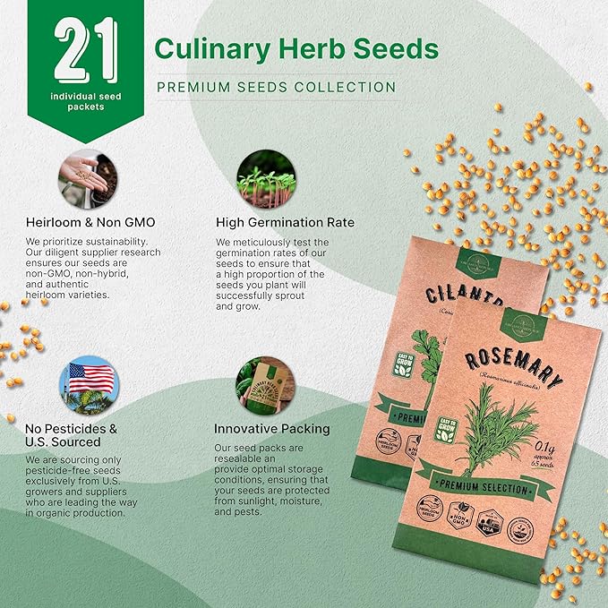 21 Culinary Herb Seeds Variety Pack - Heirloom, Non-GMO, Herb Seeds for Planting Outdoor and Indoor - Home Gardening. Over 11,400+ Seeds Including Rosemary, Thyme, Oregano, Mint, Basil, Parsley & More