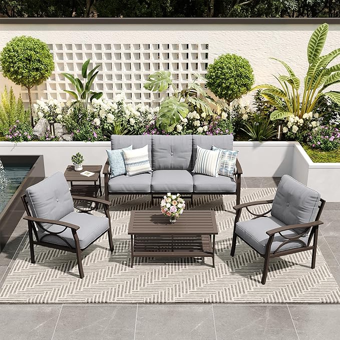 5-Pieces Outdoor Patio Furniture Set, Outdoor Metal Sectional Furniture with Cushions, Outdoor Conversation Seating Set with Coffee Table for Garden, Balcony, Deck, Backyard, Grey
