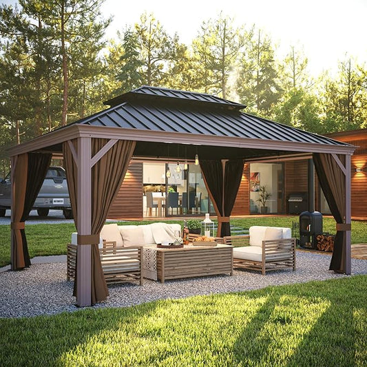 EAGLE PEAK 12x16 Hardtop Gazebo, Galvanized Steel Double Roof with Aluminum Frame, Outdoor Pavilion with Netting and Curtains for Patio, Deck, Lawn and Garden, Brown/Black