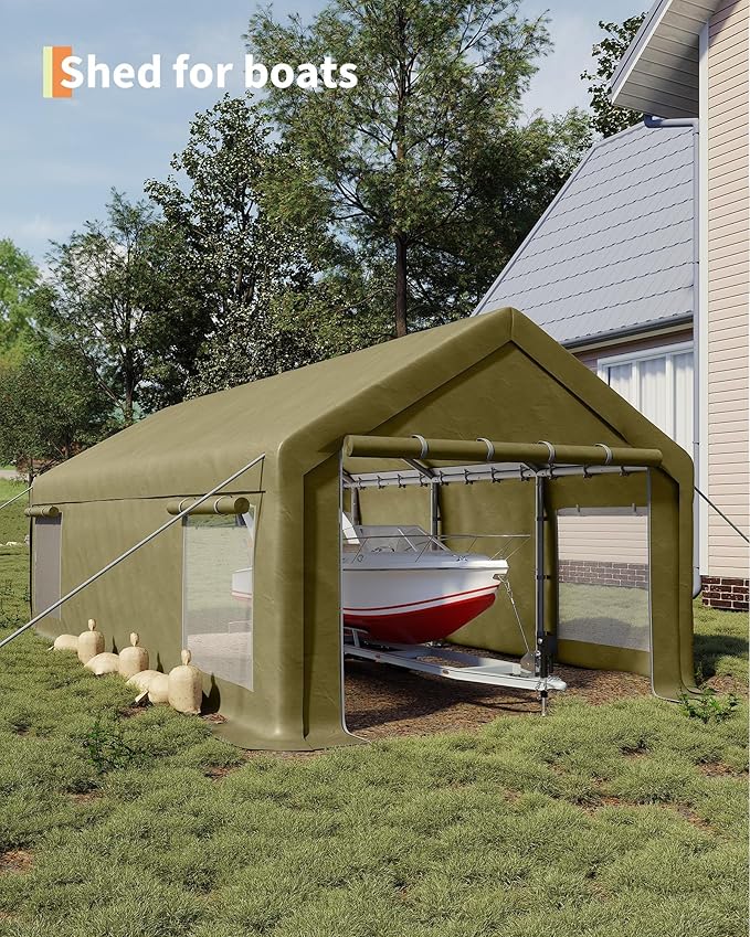 13X25 FT Portable Carport Garage with Roll-Up Windows & Doors, Heavy-Duty 200g PE Tarp, Waterproof & UV Protected Outdoor Shelter for Car, Boat, Truck, Motorcycle