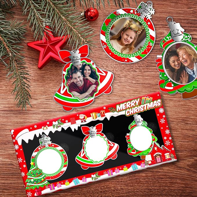 MGparty 3 Pack Christmas Picture Frame Ornaments Xmas Metal Hanging Photo Frame with Pendants 2025 Holiday Keepsake Gifts Christmas Tree Decorations