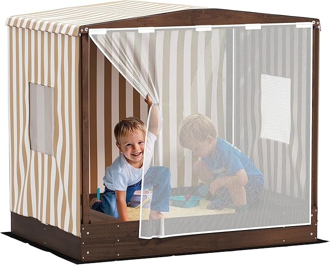 Qaba Kids Wooden Sandbox with Canopy, Large Wood Sand Pit with Mesh Door, 2 Bench Seats, Bottom Liner, Outdoor Snad Box for Backyard, Garden, Patio, Beach, Brown