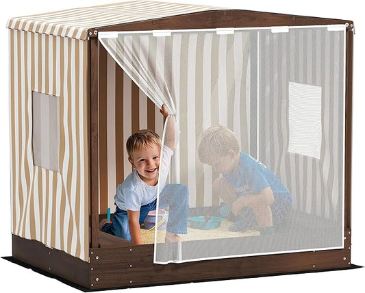 Qaba Kids Wooden Sandbox with Canopy, Large Wood Sand Pit with Mesh Door, 2 Bench Seats, Bottom Liner, Outdoor Snad Box for Backyard, Garden, Patio, Beach, Brown