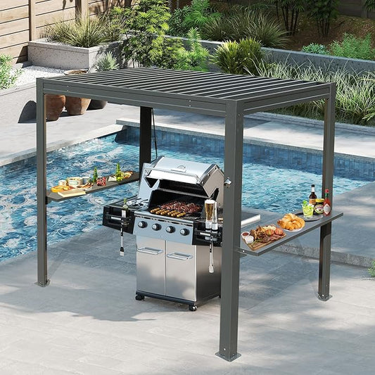 8x5 FT Grill Louvered Pergola for Outdoor Grill, Hardtop Grill Pergola with Built-in Gutter & Adjustable Rainproof Roof, Metal Shelter Gazebo for Patio Backyard Deck -Grey