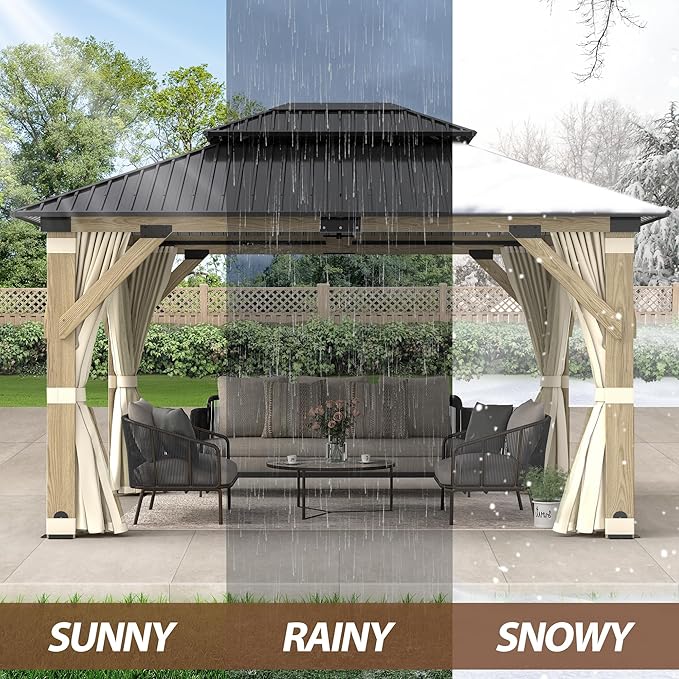 11 x 13 FT Wood Gazebo,Outdoor Wooden Hardtop Gazebo with Galvanized Steel Doule Roof,Cedar Wood Frame Gazebos with Netting&Curtains for Patio Backyard Deck
