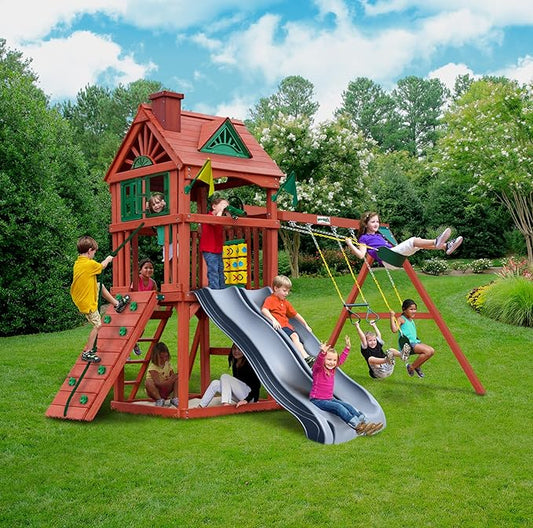 Gorilla Playsets 01-0036-GREY Double Down II Wood Swing Set with Wood Roof, Two Slides, Two Swings, Sandbox Area, Rock Wall, Redwood Stain Color with Grey Slides