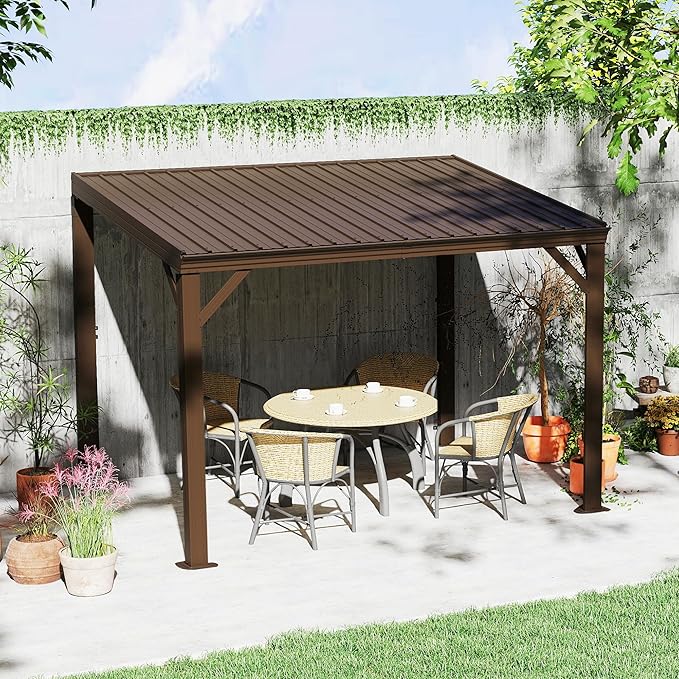 Domi 8' x 10' Lean to Gazebo, Wall Mounted Gazebos Pergola with Built in Drainage System, Galvanized Steel Roof, Hardtop Patio Shelter for Deck, Porch, Backyard and More,Brown