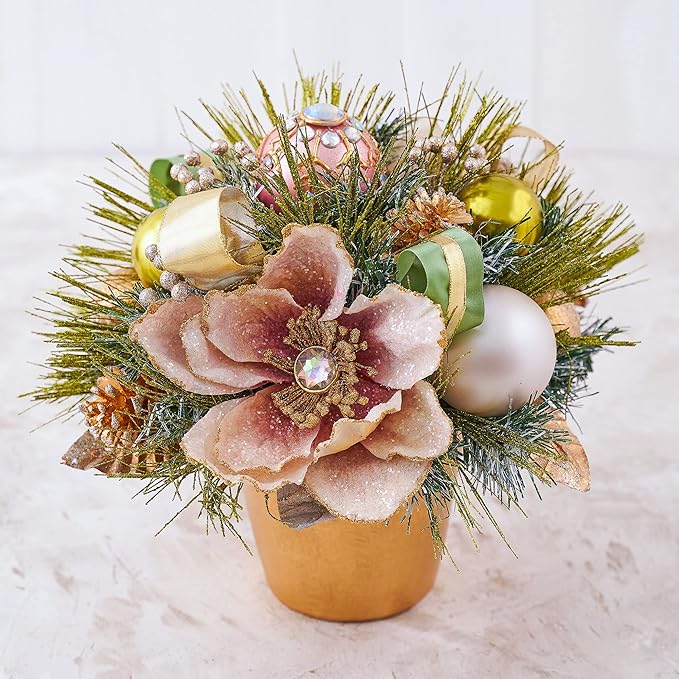 Holiday Tree Christmas Centerpiece - Blush Magnolia Arrangement with Pot Handcrafted - Jeweled Glittery Magnolia, Golden Pinecone, Ribbon, and Greenery Pine Needle (10")