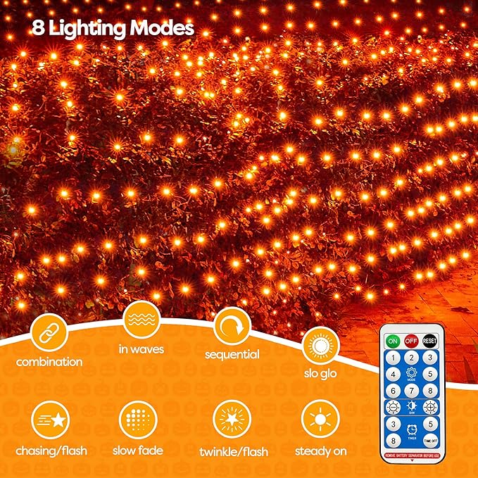WBao Solar Halloween Lights Outdoor, 200LED 8.4ft x 5.2ft Halloween Net Lights with Remote, 8 Modes, Timer, IP65 Waterproof & Dark Green Wire for Lawn, Bushes, Trees Outdoor Decorations, Orange