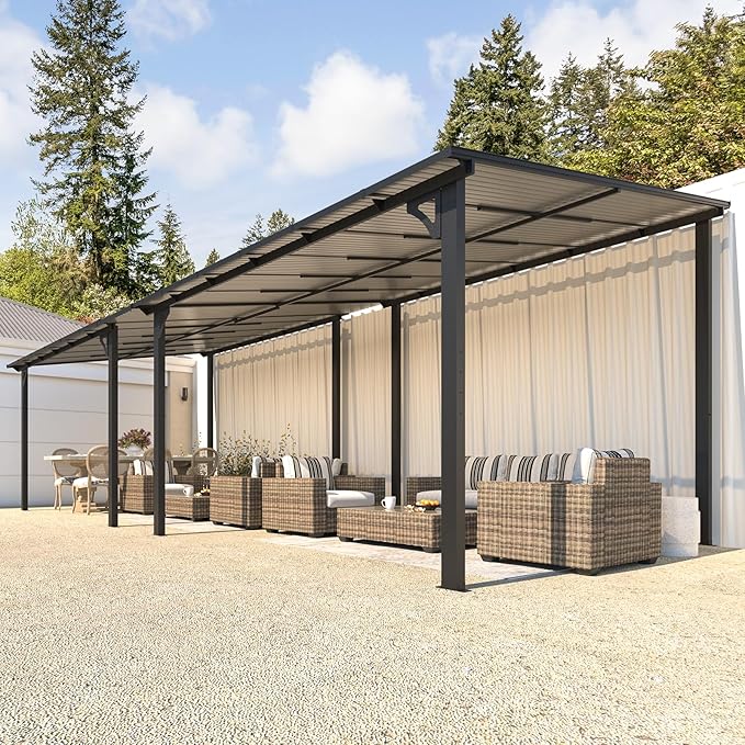 AECOJOY 24' x 10' Gazebo for Patio, Large Wall-Mounted Hard Top Lean-to Gazebo Pergola with Roof 10' x 24' on Clearance, Heavy Duty Patio Awnings for Decks, Backyard