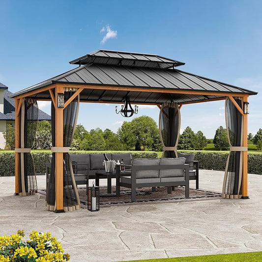 Modern Shade The Horizon Hardtop Gazebo 10' x 14' with 4 LED Lights, Permanent Outdoor Gazebo with Galvanized Steel Double Roof, Grill Pavilion with Decor Hooks, Mosquito Nettings, Wood-Looking