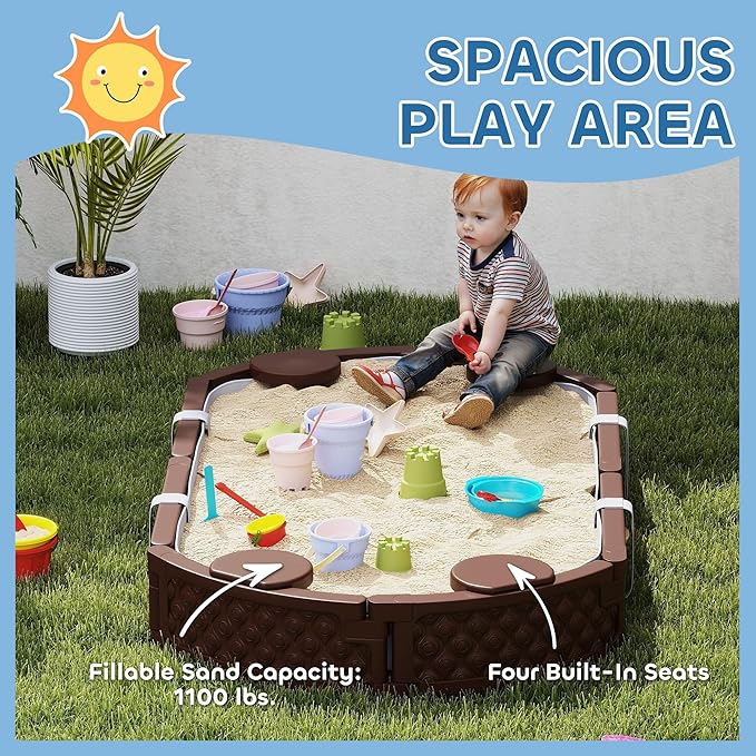 Qaba Kids Sandbox with Cover, Oval 71 HDPE Large Sand Pit with 4 Seats, Waterproof Bottom Liner, Weather Resistant Outdoor Sand Box for Backyard, Lawn, Garden, Beach, Patio, Brown