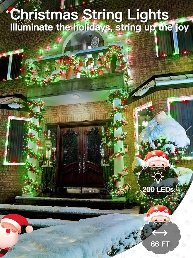 Christmas Lights 66FT 200 LED, Christmas Tree Light with 8 Lighting Modes, Outdoor Waterproof String Lights with Remote and Timer, Fairy Light for Holiday Decor (Red and Green)