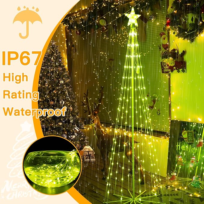 Ollny Christmas Tree Lights 5FT 140 LED, RGB 34 Modes Color Changing Outdoor String Light with Plug in Remote, Waterproof Star Lights for Xmas Outside Indoor Yard Porch Decorations