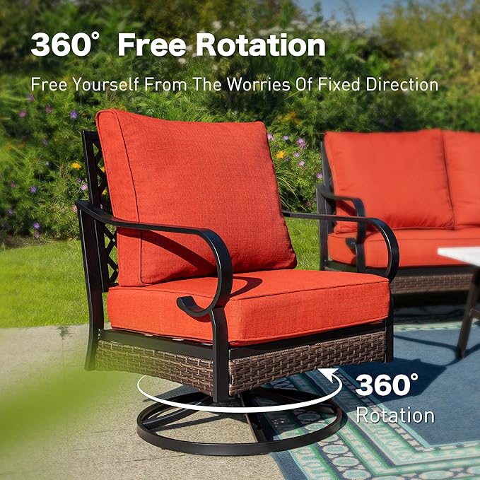 6 Piece Metal Outdoor Patio Furniture Sets with Firepit Table, Patio Conversation Sets 1 3-Seater Sofa, 2 Leg Sofa and 2 Swivel Chair with 5.75" Cushion for Backyard Deck, Rust Red