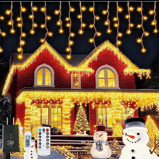 Icicle Lights for Outside, 82ft 880 LED Icicle Christmas Lights Outdoor Waterproof, 176 Drops with Remote, 8 Modes & Dimmable, Timer for Christmas, Wedding, Party, House, Roof Decoration, Warm White