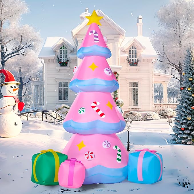 JOIEDOMI 7 FT Tall Christmas Tree Inflatables Outdoor Decoration, Christmas Inflatable Pink Tree with 3 Gift Boxes, Blow Up Xmas Tree with Build-in LEDs for Xmas Outdoor Yard Garden Lawn Decor