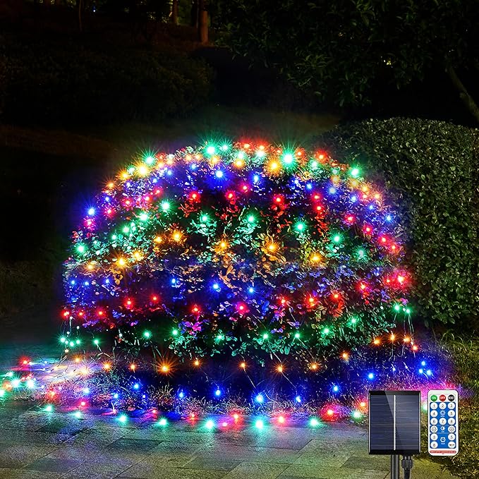 WBao Solar Christmas Lights Outdoor 200LED 8.4ft x 5.2ft Christmas Net Lights with Remote, 8 Lighting Modes, Timer, Waterproof for Lawn, Bushes, Shrubs, Trees Outdoor Xmas Decorations, Multicolor