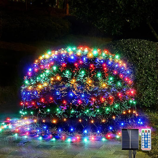 WBao Solar Christmas Lights Outdoor 200LED 8.4ft x 5.2ft Christmas Net Lights with Remote, 8 Lighting Modes, Timer, Waterproof for Lawn, Bushes, Shrubs, Trees Outdoor Xmas Decorations, Multicolor