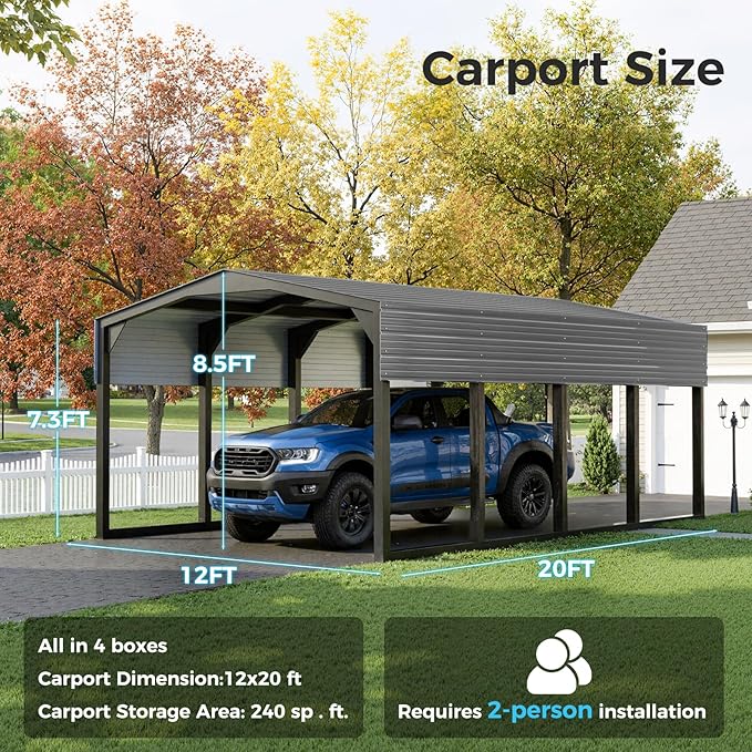 12×20 FT Heavy Duty Carport, Metal Carports with Galvanized Steel Frame and Leak-Proof Roof All Metal Carport Garage, Strong Snow Bearing Car Shelter for Cars,Trucks, Boats, Tractors