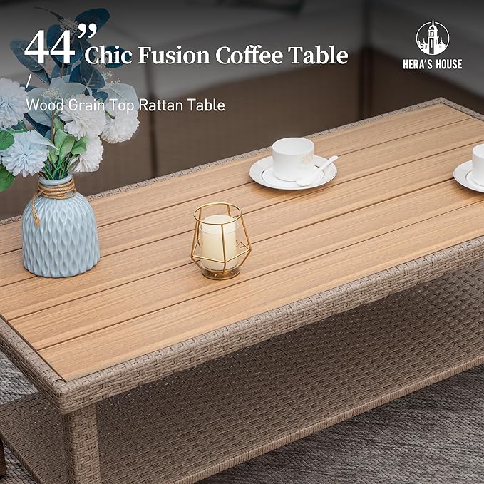 HERA'S HOUSE 6 Pieces Patio Furniture Sets, Outdoor Rattan Furniture with 5.5" Cushions, Oversized Outdoor Wicker Sectional Conversation Set for Lawn Garden Backyard, Beige