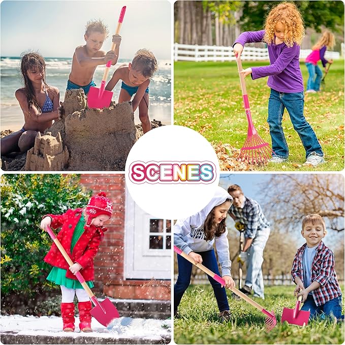 Duckura Kids Gardening Tools Set - 7pcs Wheelbarrow Set for Kids with Shovel, Rake, Leaf Rake, Summer Outdoor Yard Digging Weed Toys, Christmas Birthday Gifts for Boys Girls Age 2 3+ Years Old(Pink)