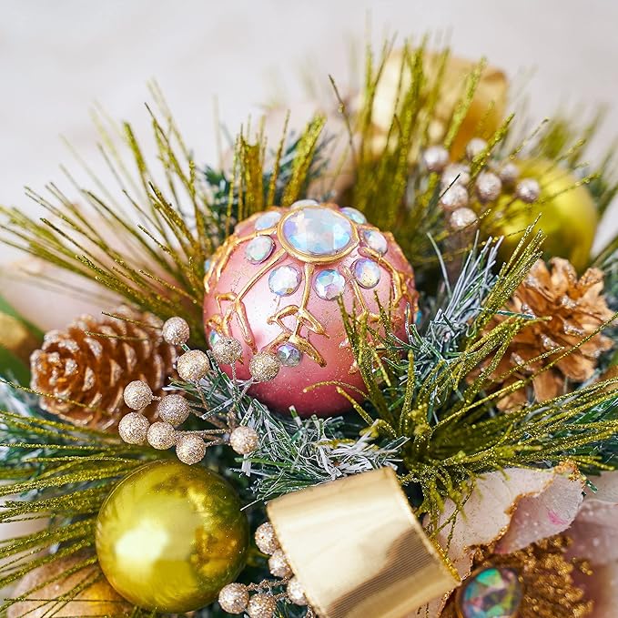 Holiday Tree Christmas Centerpiece - Blush Magnolia Arrangement with Pot Handcrafted - Jeweled Glittery Magnolia, Golden Pinecone, Ribbon, and Greenery Pine Needle (10")