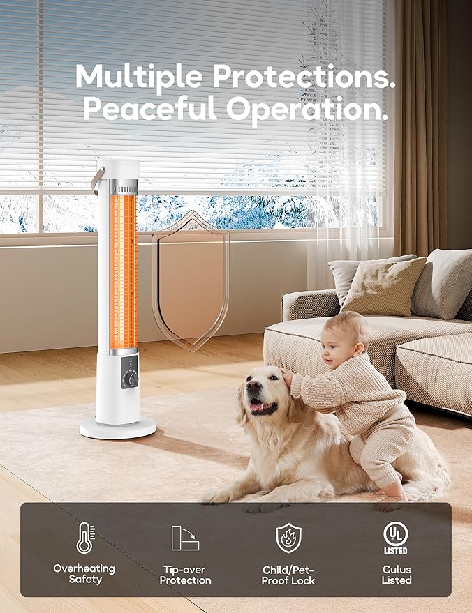 Patio Heater for Outdoor Use, Infrared Electric Outdoor Heater, 1500W Instant Heating, 60-Degree Oscillation, 9 Heat Levels, 9H Timer, Remote, for Garage, Backyard, Large Room, Indoor, 32.2, White