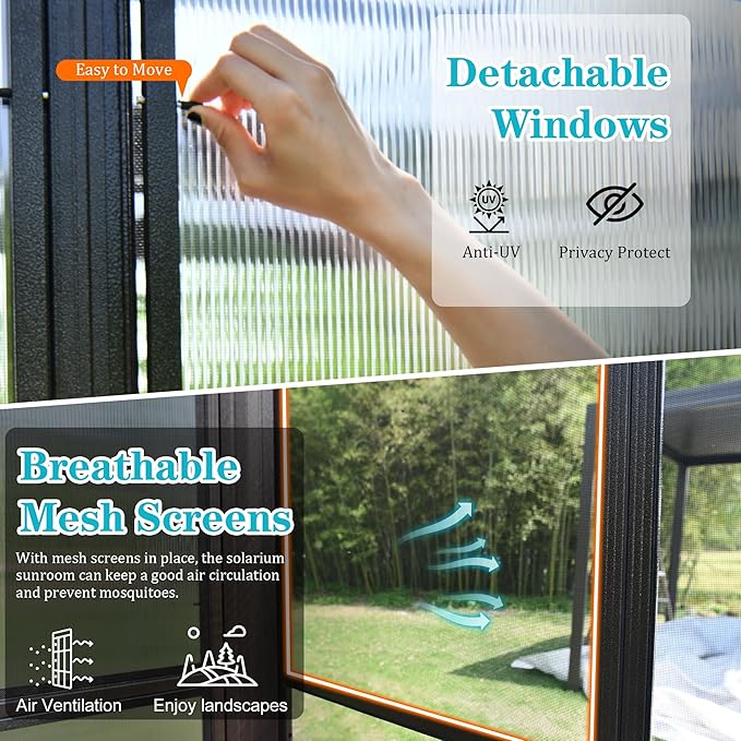10x14FT Wall Mounted Sunroom Kit All Season, Outdoor Enclosed Gazebo Lean to Solarium with Detachable Polycarbonate Roof/Windows, 2 Lockable Sliding Doors, Permanent Aluminum Sun Room for Patio