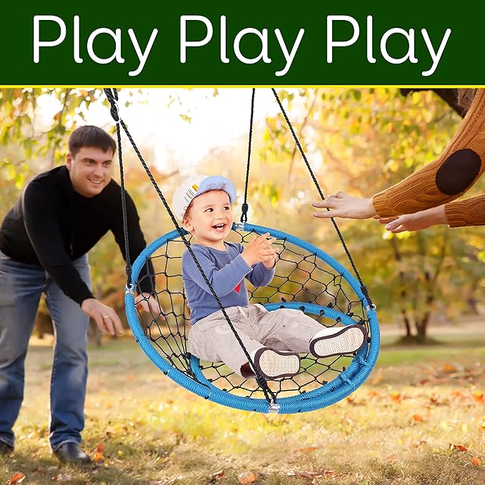 SereneLife Hanging Netted Seat Swing - 35.5 Inch Kids Indoor Outdoor Yard Round Circle Saucer Swing for Trees or Swing Sets - All Season UV Resistant Rope Swing Net Seat - SLSWNG125