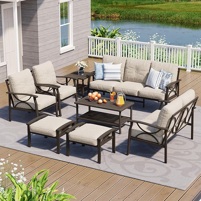 8-Piece Outdoor Patio Furniture Set, Outdoor Metal Sectional Furniture with Cushions, Outdoor Conversation Seating Set with Side Table for Deck, Backyard, Garden, Balcony, Khaki