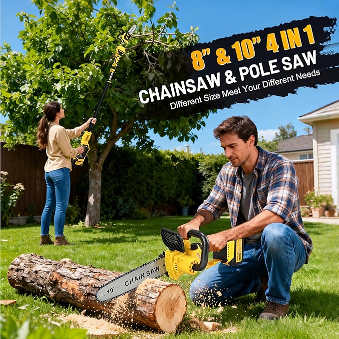 8 Inch/ 10 Inch Electric Pole Saws for Tree Trimming & Mini Chainsaw 4-IN-1, Cordless Pole Saw Battery Powered, Chain Saw with Extension Pole, Total Reach of Max 15ft, Limb Branch Cutter Pruner